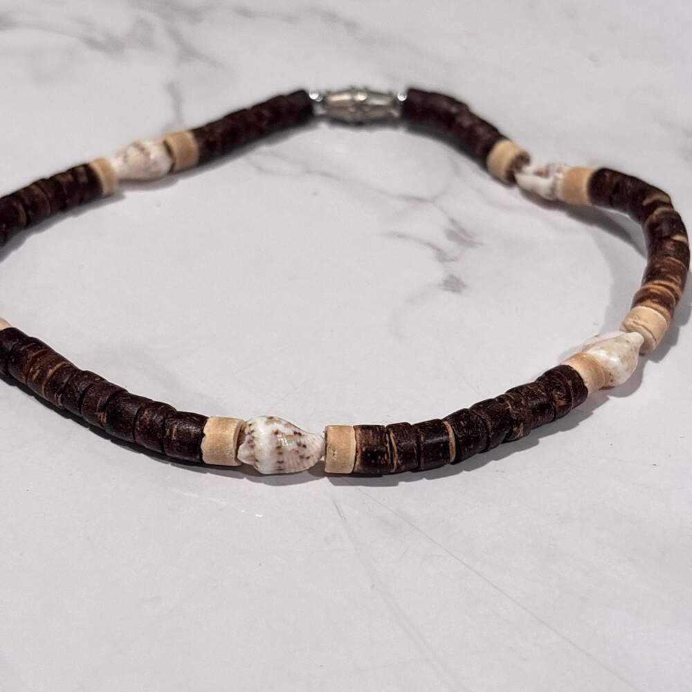 Unisex Surfer Style Brown Coconut Shell and Sea Shell Beaded Choker Necklace